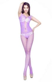 Blancho SE-146-PURPLE Lady Lace Open Crotch Body Stocking - Purple - Medium